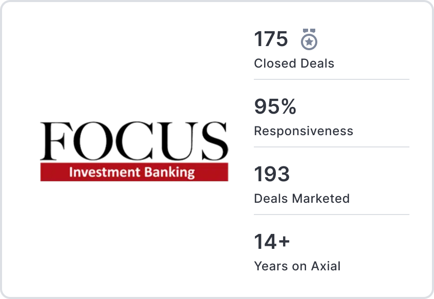 FOCUS Investment Banking card: closed deals, responsiveness, deals marketed, years on Axial