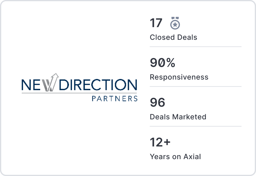 New Direction Partners card: closed deals, responsiveness, deals marketed, years on Axial