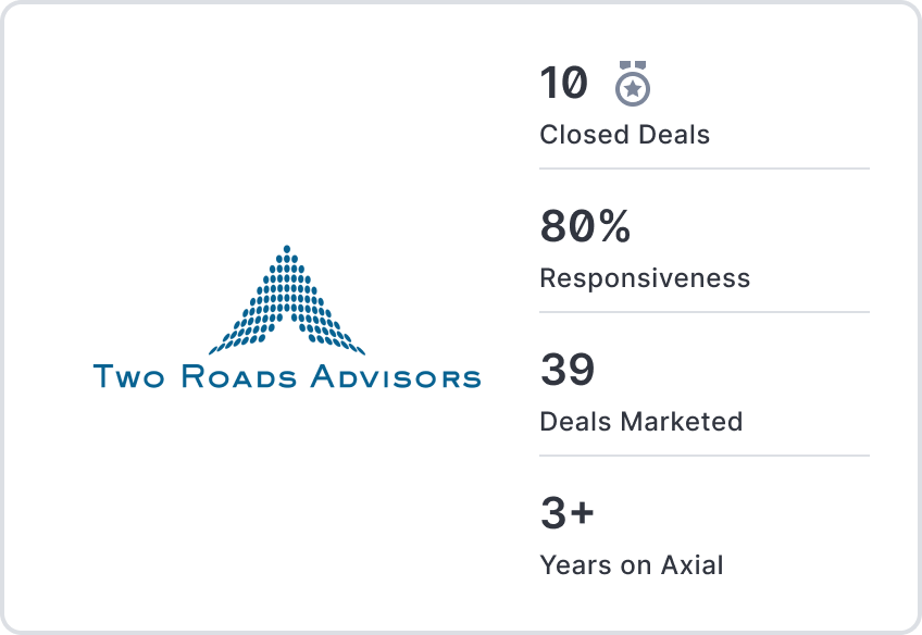 Two Roads Advisors card: closed deals, responsiveness, deals marketed, years on Axial