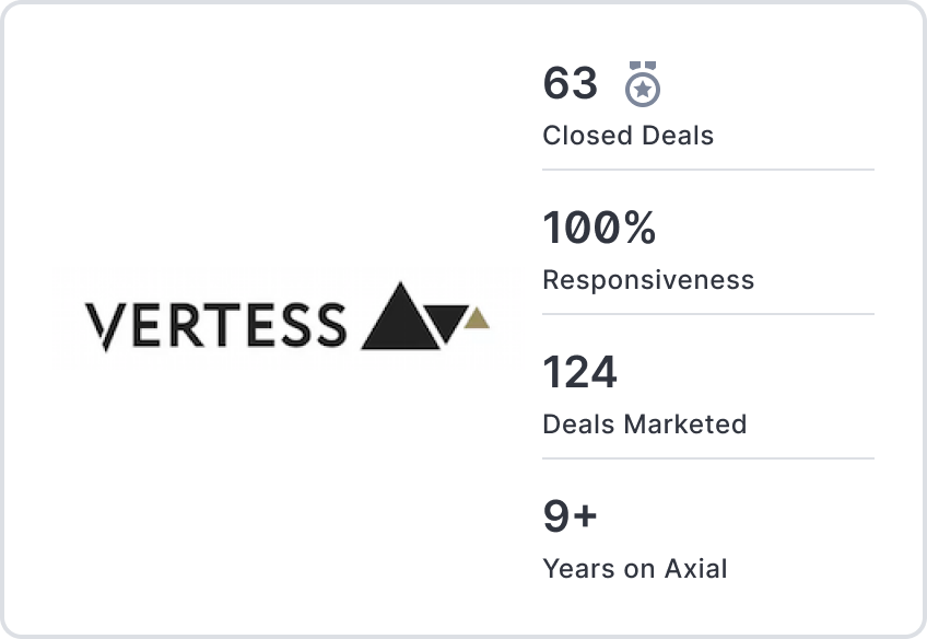 Vertess card: closed deals, responsiveness, deals marketed, years on Axial